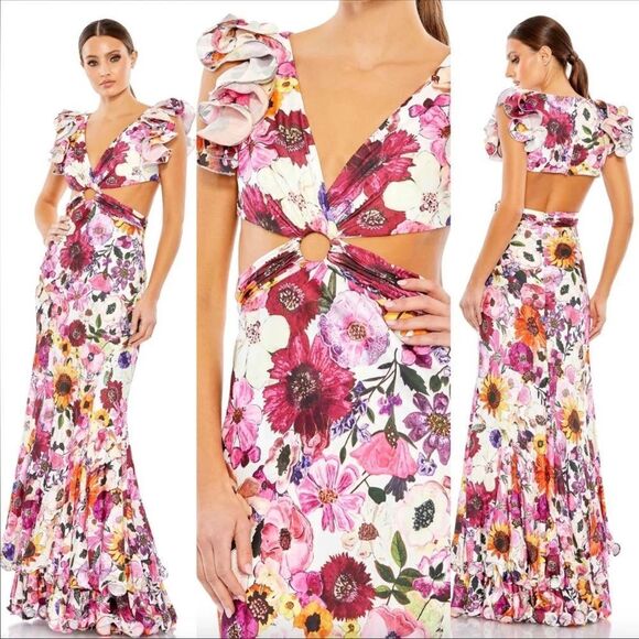 Mac Duggal 68107 Womens Floral Cut-Out Ruffle Sleeve Dress Gown - Picture 1 of 16